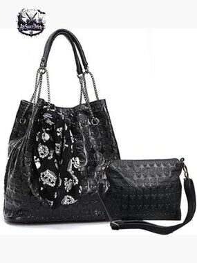 2-Piece PU Leather Hobo Bag Set with Crossbody, Skull Design, Large Capacity